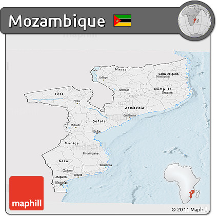 Silver Style Panoramic Map of Mozambique, single color outside