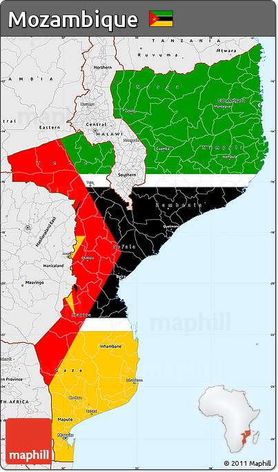 Flag Simple Map of Mozambique, single color outside, borders and labels