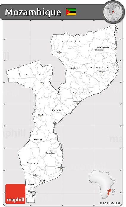 Silver Style Simple Map of Mozambique, cropped outside