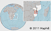 Gray Location Map of Buzi, highlighted country, highlighted parent region, within the entire country, hill shading