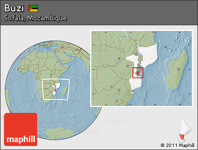 Savanna Style Location Map of Buzi, highlighted country, highlighted parent region, within the entire country, hill shading