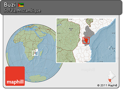 Savanna Style Location Map of Buzi, highlighted country, highlighted parent region, hill shading