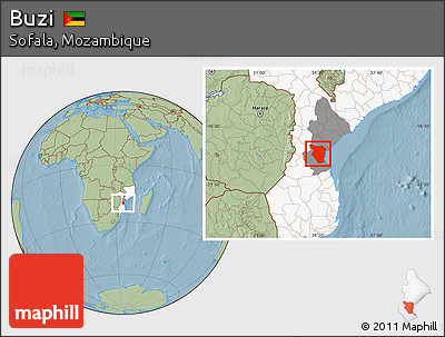 Savanna Style Location Map of Buzi, highlighted country, highlighted parent region, hill shading