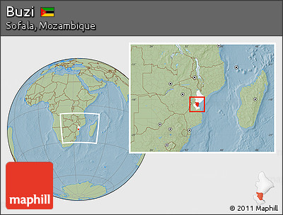 Savanna Style Location Map of Buzi, highlighted parent region, within the entire country, hill shading