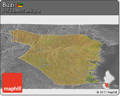Satellite Panoramic Map of Buzi, desaturated