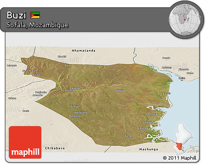 Satellite Panoramic Map of Buzi, shaded relief outside