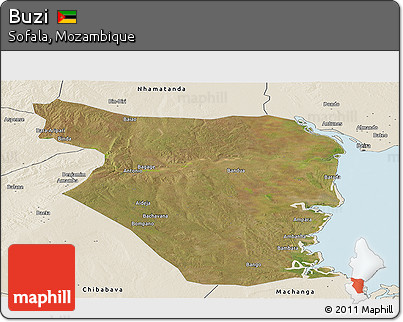 Satellite Panoramic Map of Buzi, shaded relief outside