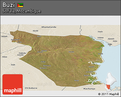 Satellite Panoramic Map of Buzi, shaded relief outside