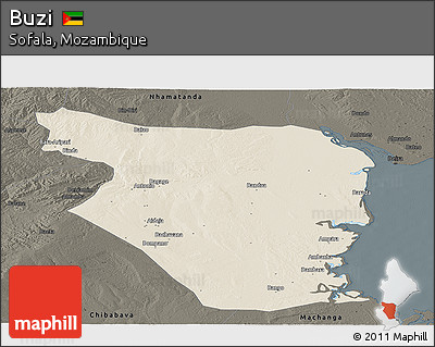 Shaded Relief Panoramic Map of Buzi, darken