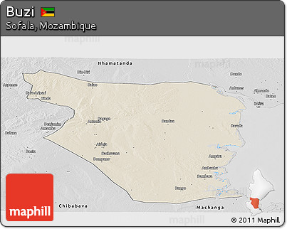 Shaded Relief Panoramic Map of Buzi, desaturated