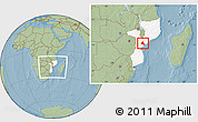 Savanna Style Location Map of Cheringoma, highlighted country, within the entire country, hill shading