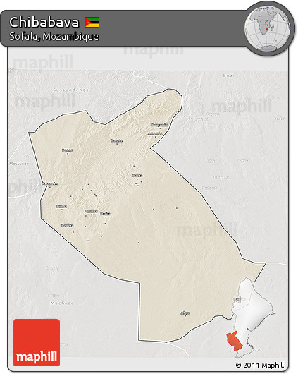 Shaded Relief 3D Map of Chibabava, lighten, semi-desaturated
