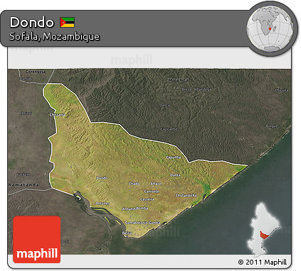 Satellite 3D Map of Dondo, darken, semi-desaturated