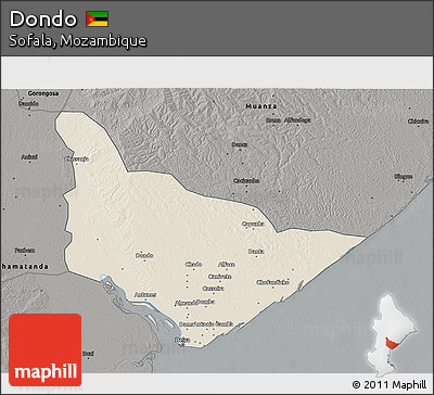 Shaded Relief 3D Map of Dondo, darken, semi-desaturated