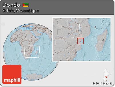 Gray Location Map of Dondo, within the entire country, hill shading