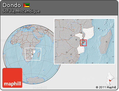 Gray Location Map of Dondo, highlighted country, highlighted parent region, within the entire country, hill shading