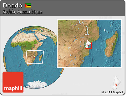 Satellite Location Map of Dondo, highlighted parent region, within the entire country