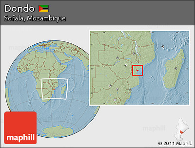 Savanna Style Location Map of Dondo, within the entire country, hill shading