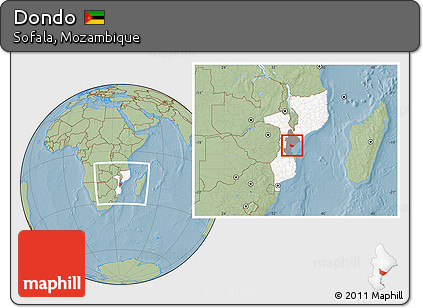 Savanna Style Location Map of Dondo, highlighted country, highlighted parent region, within the entire country, hill shading