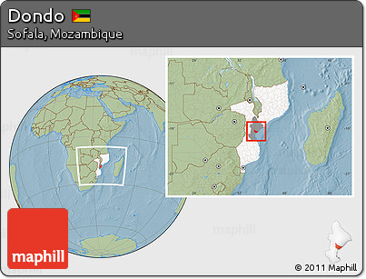 Savanna Style Location Map of Dondo, highlighted country, highlighted parent region, within the entire country, hill shading