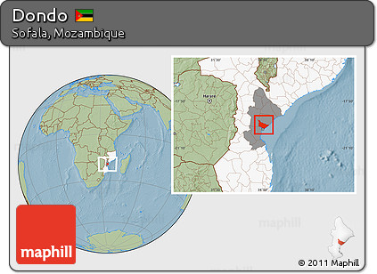 Savanna Style Location Map of Dondo, highlighted country, highlighted parent region, hill shading