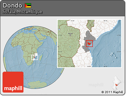 Savanna Style Location Map of Dondo, highlighted country, highlighted parent region, hill shading