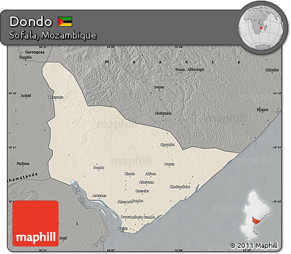 Shaded Relief Map of Dondo, darken, semi-desaturated