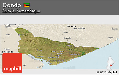 Satellite Panoramic Map of Dondo, shaded relief outside