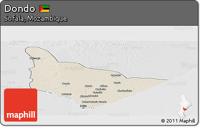 Shaded Relief Panoramic Map of Dondo, lighten, desaturated