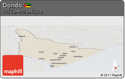 Shaded Relief Panoramic Map of Dondo, lighten, semi-desaturated