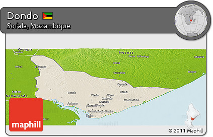 Shaded Relief Panoramic Map of Dondo, physical outside