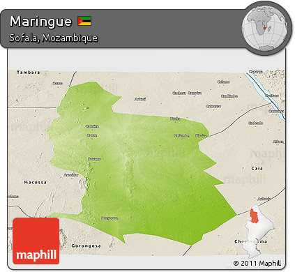 Physical Panoramic Map of Maringue, shaded relief outside