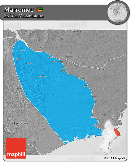 Political 3D Map of Marromeu, desaturated