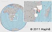 Gray Location Map of Marromeu, highlighted country, highlighted parent region, within the entire country, hill shading