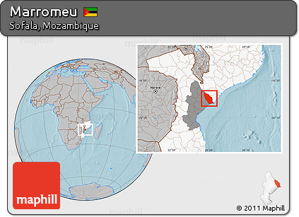Gray Location Map of Marromeu, highlighted country, highlighted parent region, hill shading