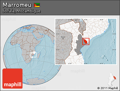 Gray Location Map of Marromeu, highlighted country, highlighted parent region, hill shading
