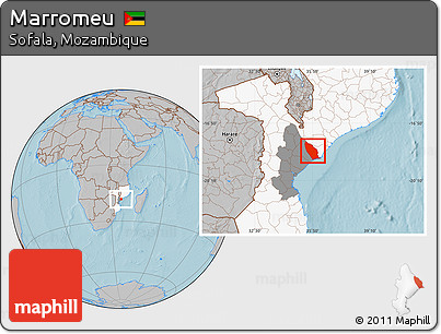 Gray Location Map of Marromeu, highlighted country, highlighted parent region, hill shading