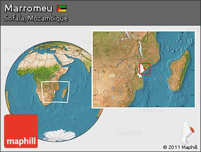 Satellite Location Map of Marromeu, highlighted parent region, within the entire country
