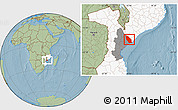 Savanna Style Location Map of Marromeu, highlighted country, highlighted parent region, hill shading