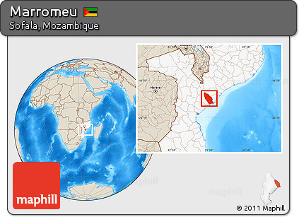 Shaded Relief Location Map of Marromeu, highlighted country