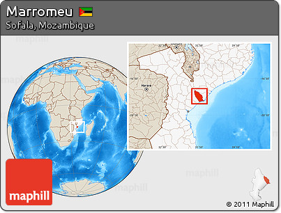 Shaded Relief Location Map of Marromeu, highlighted country