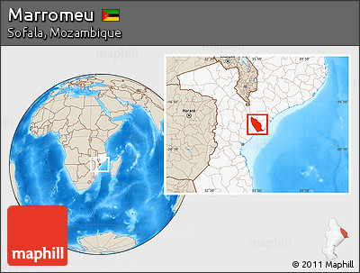 Shaded Relief Location Map of Marromeu, highlighted country