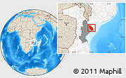 Shaded Relief Location Map of Marromeu, highlighted country, highlighted parent region
