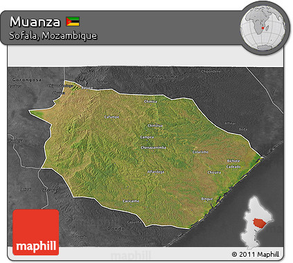 Satellite 3D Map of Muanza, darken, desaturated