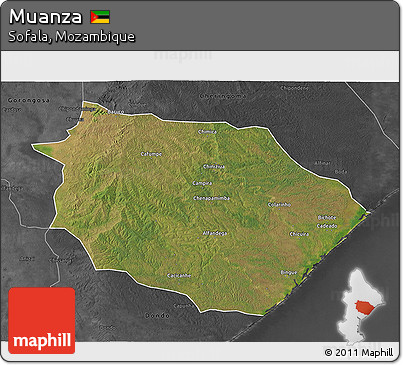 Satellite 3D Map of Muanza, darken, desaturated
