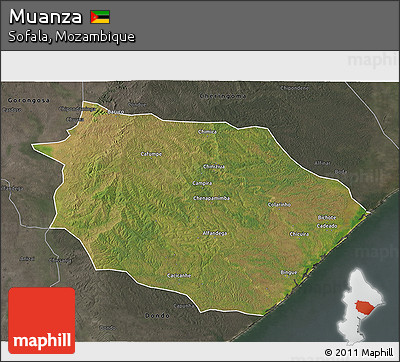 Satellite 3D Map of Muanza, darken, semi-desaturated