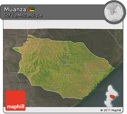 Satellite 3D Map of Muanza, darken, semi-desaturated