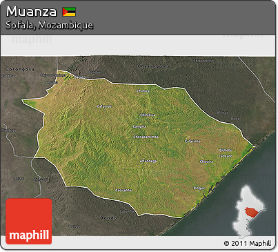 Satellite 3D Map of Muanza, darken, semi-desaturated