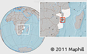 Gray Location Map of Muanza, highlighted country, highlighted parent region, within the entire country, hill shading