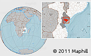 Gray Location Map of Muanza, highlighted country, highlighted parent region, hill shading